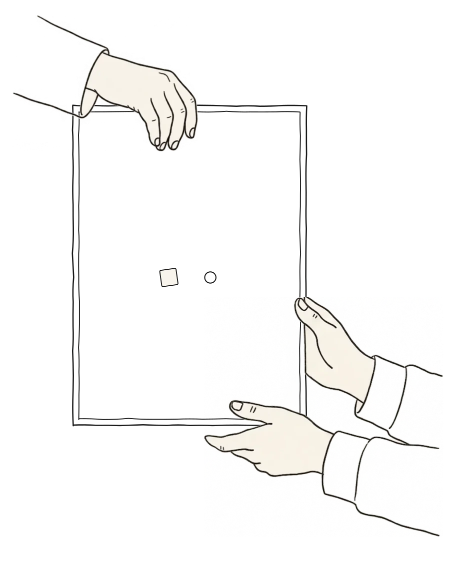 Strichzeichnung: eine Hand reicht die Kamera nach unten, zwei andere Hände nehmen sie entgegen.